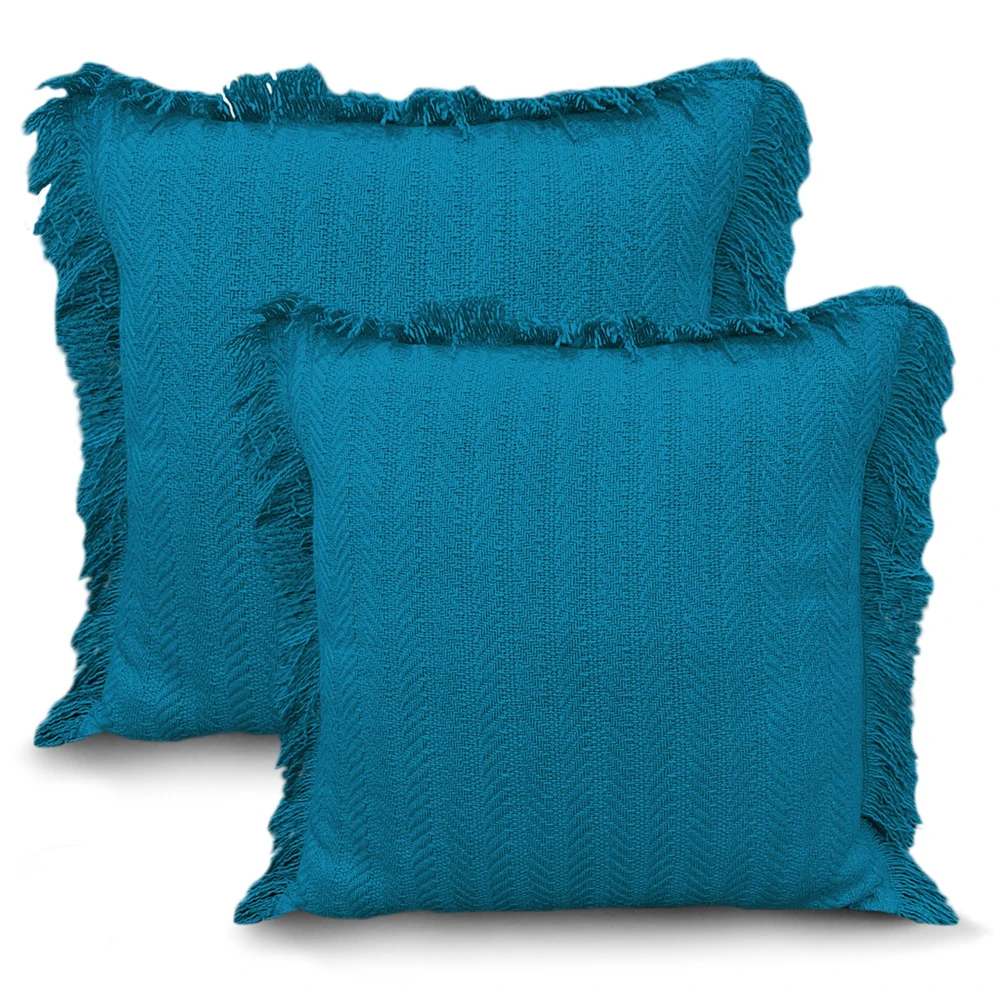 KOSTORICA, Herringbone Chevron Stripe Bohemian Woven Fringes Texture Cushion Covers for Bedroom, Living Room, Home Décor, Office, Chair, Sofa & Couch (Teal or Ferozi Blue_Pack of 2 Pcs_16x16 Inches)