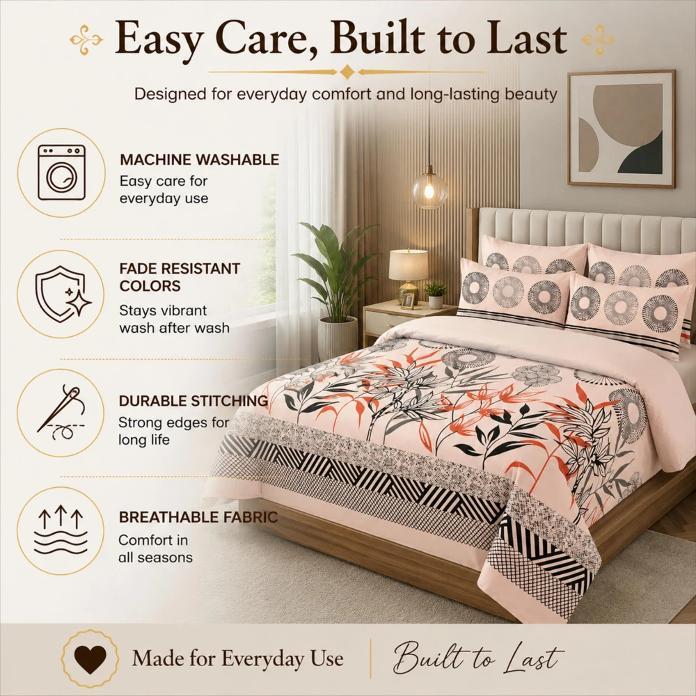 King Size 100% Cotton 200 T.C Floral Bedsheet (100x100 Inches) with Pillow Covers (18x28 Inches) | Soft Breathable Printed Bed Sheet | Bedding Set King Size | Peach Pink for Bedroom & Home Décor