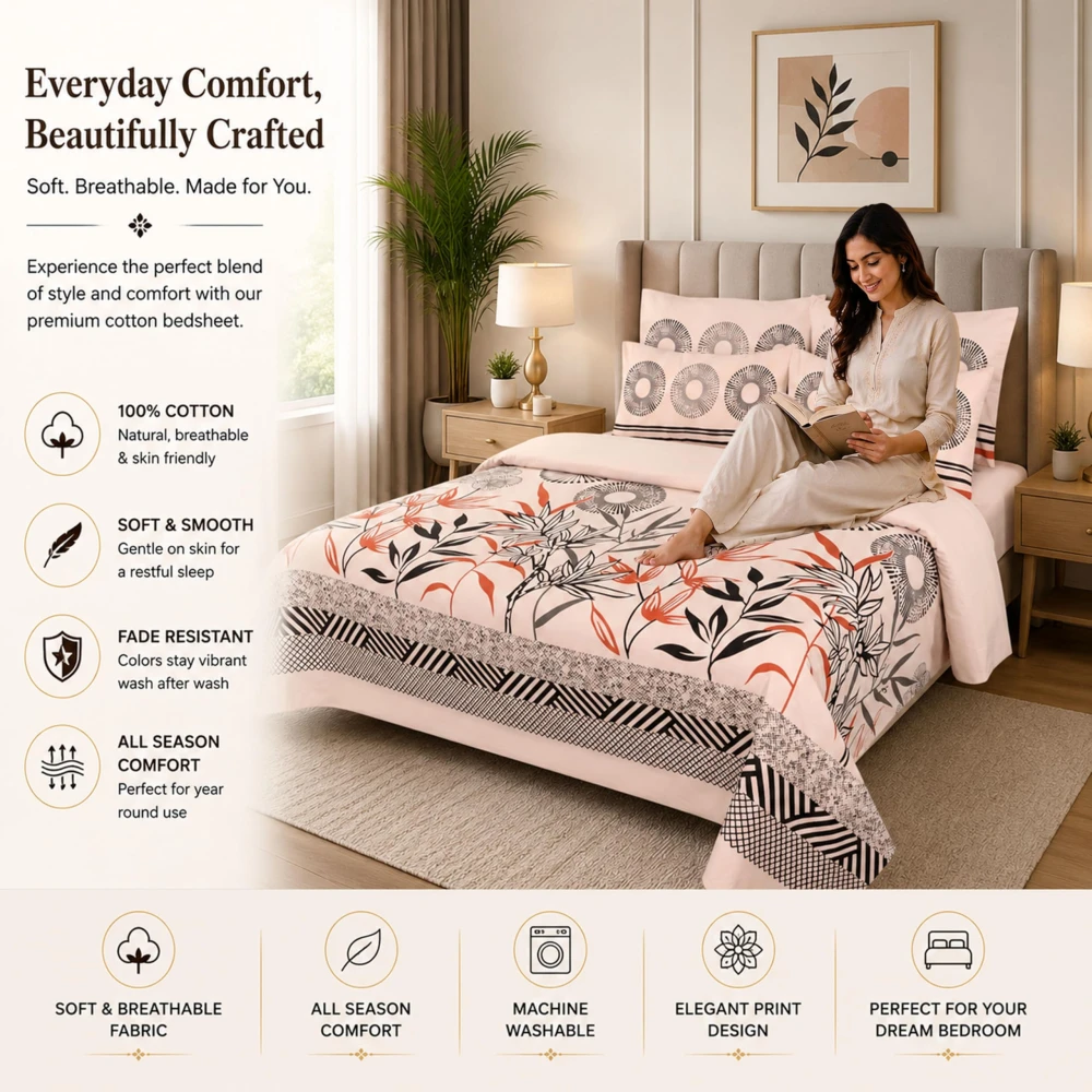 King Size 100% Cotton 200 T.C Floral Bedsheet (100x100 Inches) with Pillow Covers (18x28 Inches) | Soft Breathable Printed Bed Sheet | Bedding Set King Size | Peach Pink for Bedroom & Home Décor