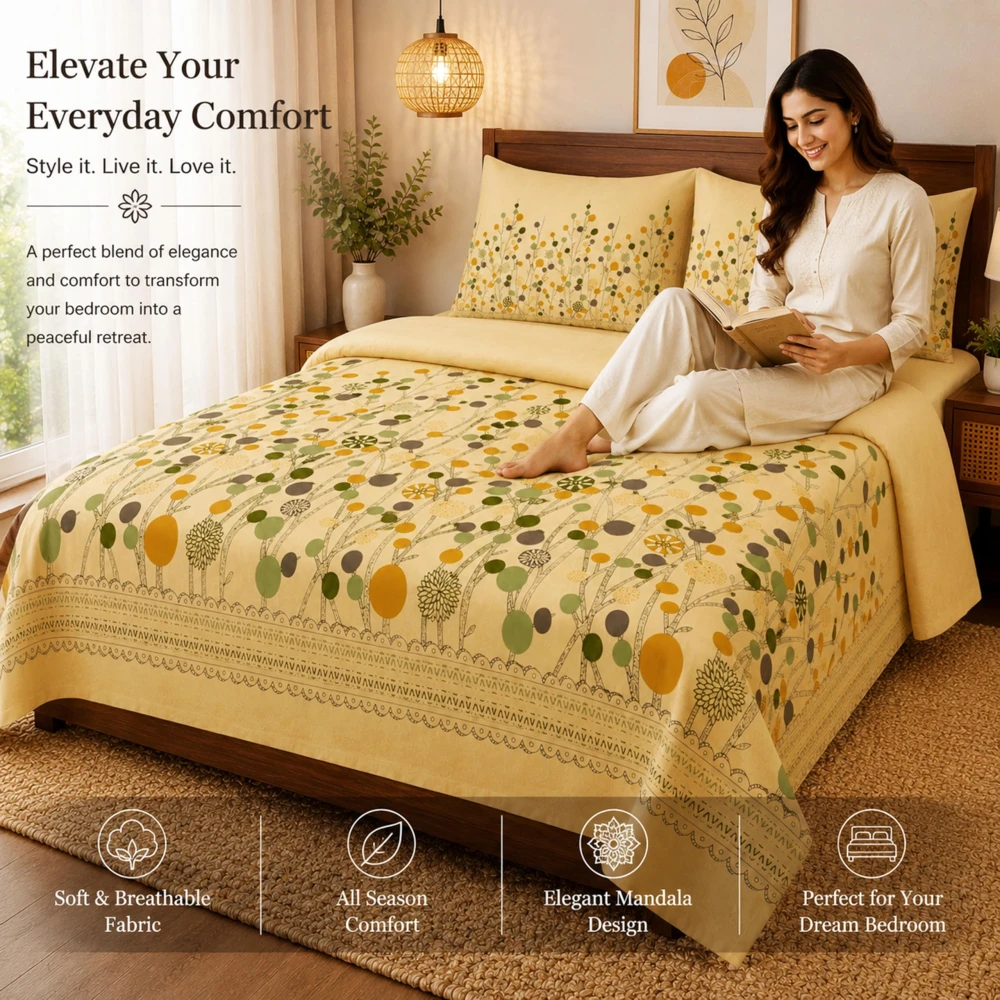 King Size 100% Cotton 200 T.C Floral Bedsheet (100x100 Inches) with Pillow Covers (18x28 Inches) | Soft Breathable Printed Bed Sheet | Bedding Set King Size | Beige for Bedroom & Home Décor