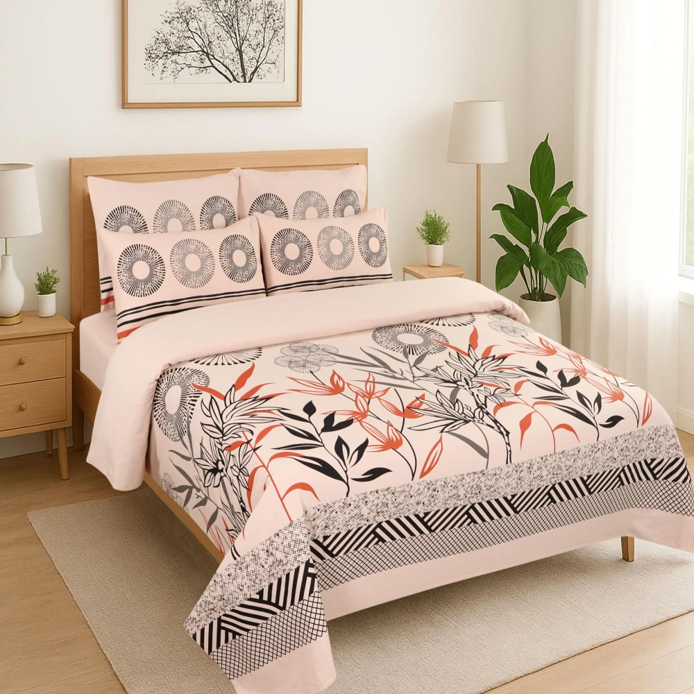 King Size 100% Cotton 200 T.C Floral Bedsheet (100x100 Inches) with Pillow Covers (18x28 Inches) | Soft Breathable Printed Bed Sheet | Bedding Set King Size | Peach Pink for Bedroom & Home Décor
