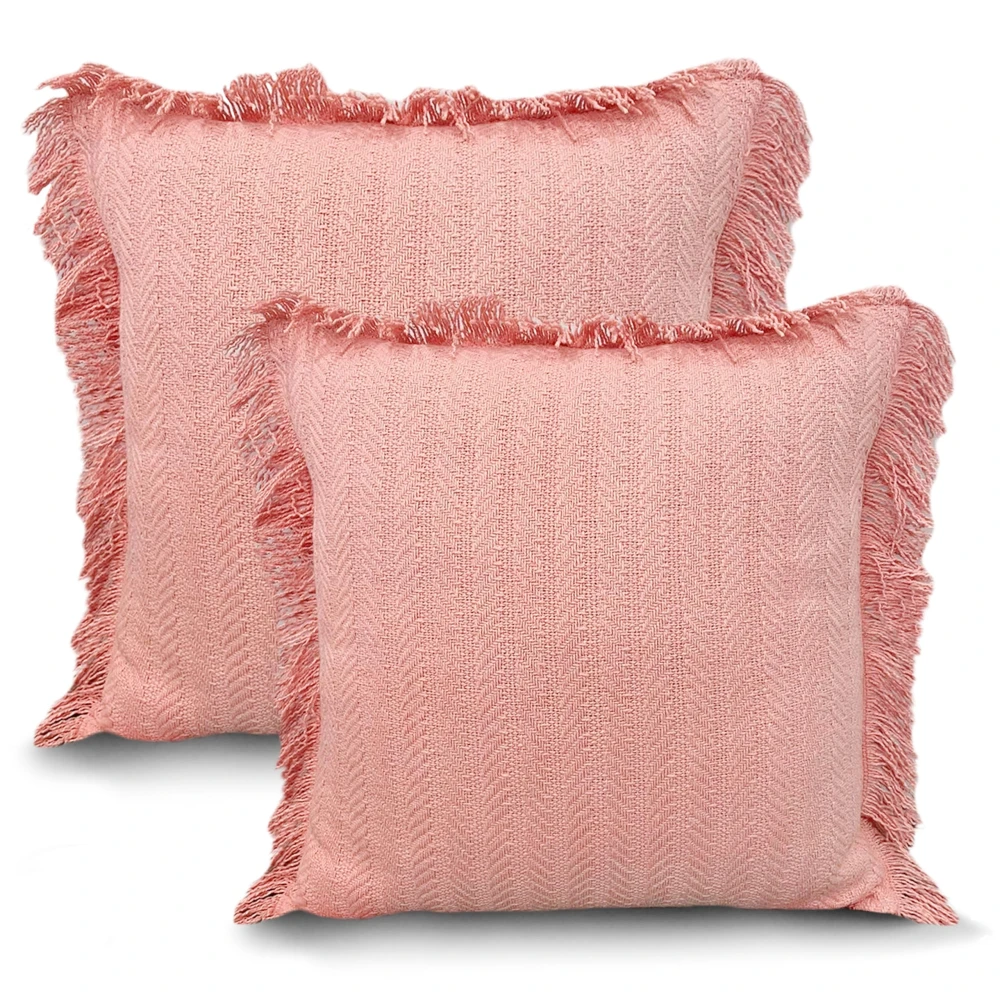 KOSTORICA, Herringbone Chevron Stripe Bohemian Woven Fringes Texture Cushion Covers for Bedroom, Living Room, Home Décor, Office, Chair, Sofa & Couch (Pink_Pack of 2 Pcs_16x16 Inches)
