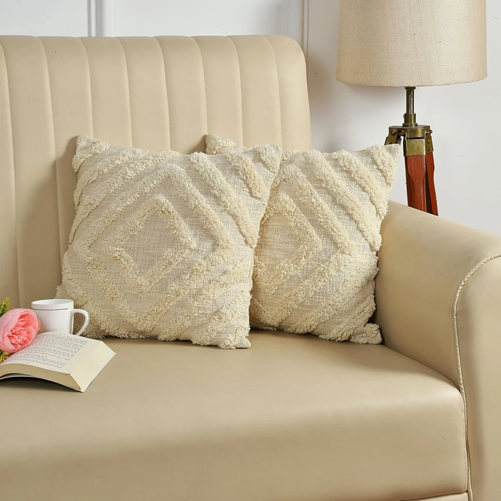 KOSTORICA, Diamond Tufted Bohemian Woven Cushion Covers for Bedroom, Living Room, Home Décor, Office, Sofa, Chair & Couch (Ivory, Offwhite_Pack of 2 Pcs_16x16 Inches)