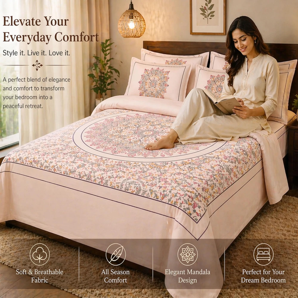 King Size 100% Cotton 200 T.C Mandala Bedsheet (100x100 Inches) with Pillow Covers (18x28 Inches) | Soft Breathable Printed Bed Sheet | Bedding Set King Size | Peach Pink for Bedroom & Home Decor