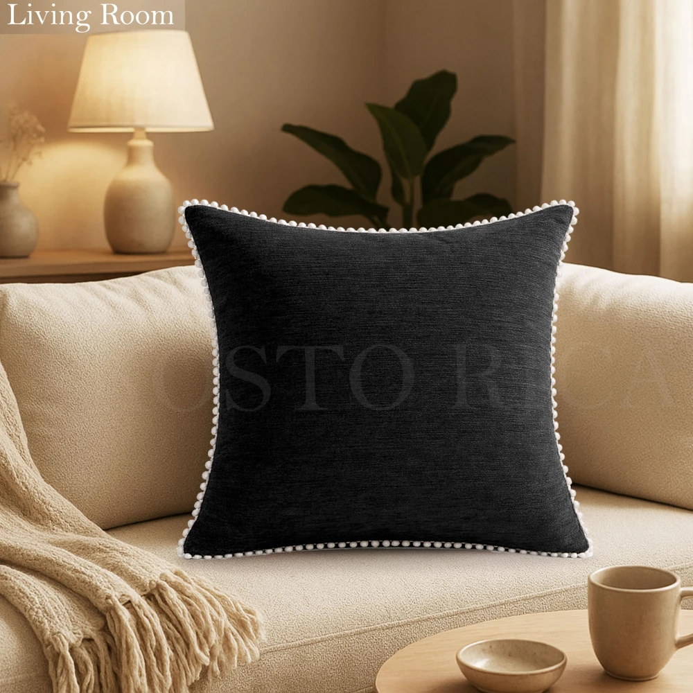 KOSTORICA, Chenille Bohemian Woven Border Lace Pom Pom Cushion Covers for Bedroom, Living Room, Home Décor, Office, Sofa, Chair & Couch (Black_Pack of 2 Pcs_16x16 Inches)