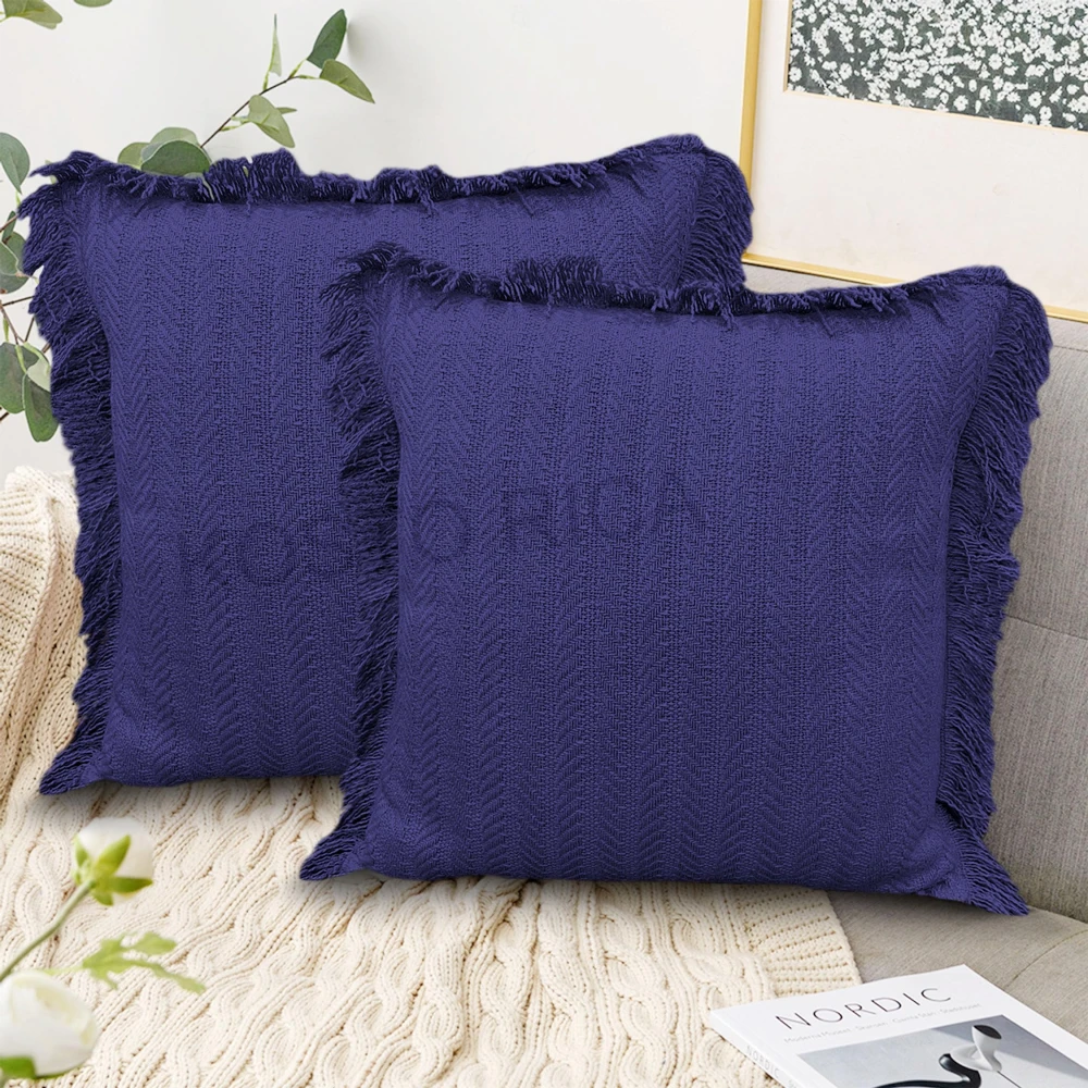 KOSTORICA, Herringbone Chevron Stripe Bohemian Woven Fringes Cushion Covers for Bedroom, Living Room, Home Décor, Office, Sofa, Chair & Couch (Navy Blue_Pack of 2 Pcs_16x16 Inches)