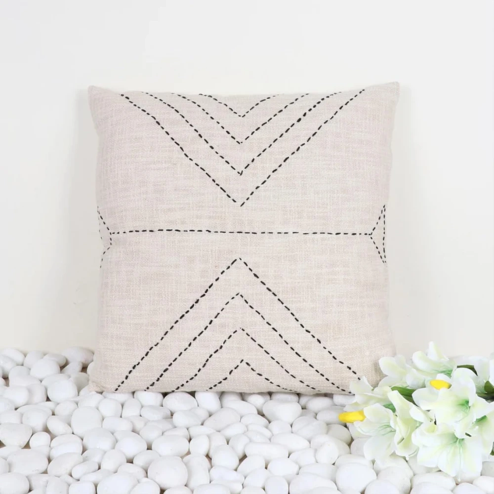 Indihomecraft Handicraft Cotton Cushion Cover - Hand Kantha Embroidery Decorative Art Boho Pillow Block Woven Pillow Cover | Square Shape 20X20 Inches Cushion Cover, Set of 1