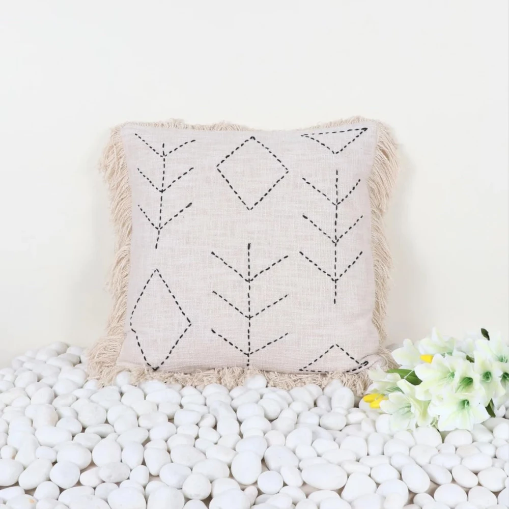 Indihomecraft Handicraft Cotton Cushion Cover - Hand Kantha Embroidery Decorative Art Boho Pillow Block Woven Pillow Cover | Square Shape 20X20 Inches Cushion Covers, Set of 1