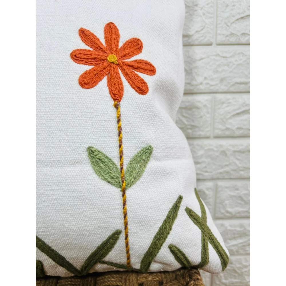 Indihomecraft Handicraft Cotton Cushion Cover - Hand Stitched Embroidery Decorative Art Boho Pillow Flower Printed Pillow Cover | Square Shape 18X18 Inches Cushion Cover, Set of 1