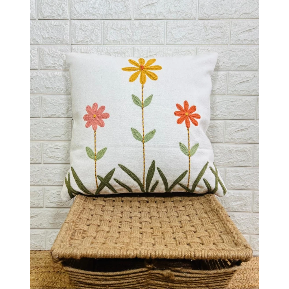 Indihomecraft Handicraft Cotton Cushion Cover - Hand Stitched Embroidery Decorative Art Boho Pillow Flower Printed Pillow Cover | Square Shape 18X18 Inches Cushion Cover, Set of 1
