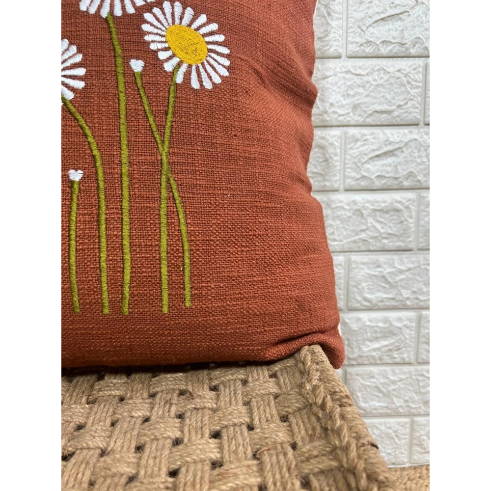 Indihomecraft Brick Red Cushion Cover Hand Woven Flower Emb Inspired Decorative Boho Cushion Cover for Sofa Couch Swing Chair Living Room & Bedroom 18x18 Inches, Pack of 1