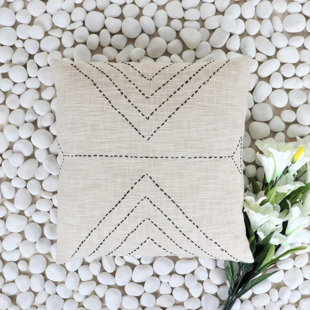 Indihomecraft Handicraft Cotton Cushion Cover - Hand Kantha Embroidery Decorative Art Boho Pillow Block Woven Pillow Cover | Square Shape 20X20 Inches Cushion Cover, Set of 1