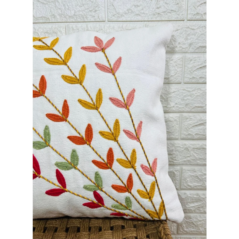 Indihomecraft Handicraft Cotton Cushion Cover - Hand Stitched Embroidery Decorative Art Boho Pillow Flower Leaf Hand Made Pillow Cover | Hand Stitch Square Shape 18X18 Inches Cushion Cover, Set of 1