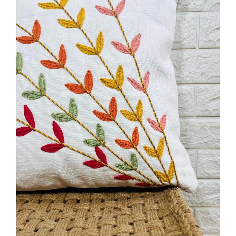 Indihomecraft Handicraft Cotton Cushion Cover - Hand Stitched Embroidery Decorative Art Boho Pillow Flower Leaf Hand Made Pillow Cover | Hand Stitch Square Shape 18X18 Inches Cushion Cover, Set of 1