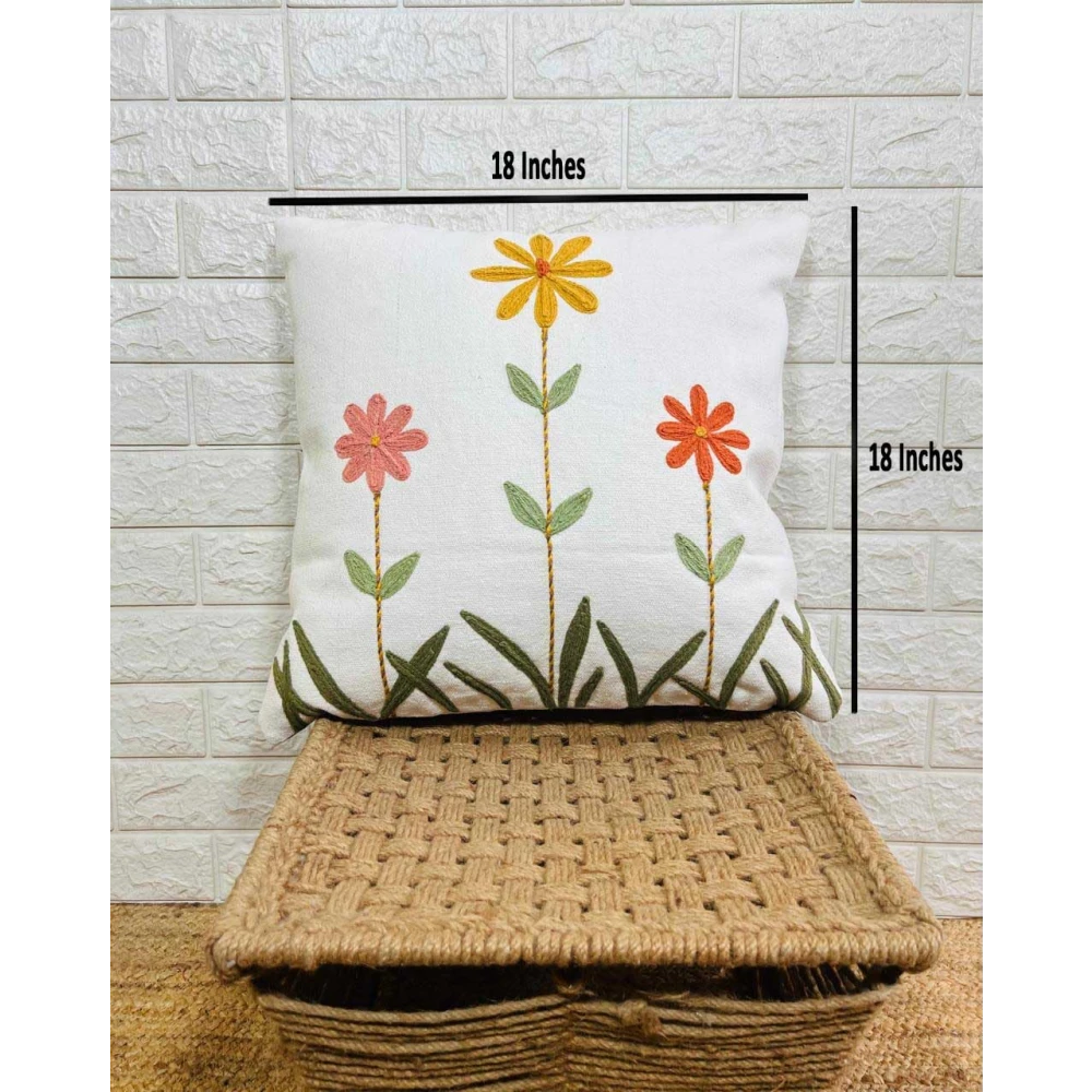 Indihomecraft Handicraft Cotton Cushion Cover - Hand Stitched Embroidery Decorative Art Boho Pillow Flower Printed Pillow Cover | Square Shape 18X18 Inches Cushion Cover, Set of 1