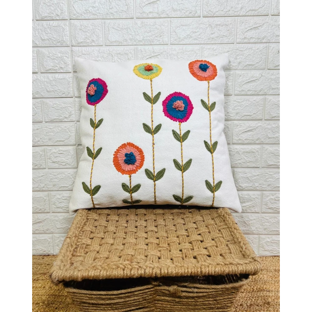 Indihomecraft Handicraft Cotton Cushion Cover - Hand Stitched Embroidery Decorative Art Boho Pillow Flower Shape Hand Made Pillow Cover | Hand Stitch Square Shape 18X18 Inches Cushion Cover, Set of 1