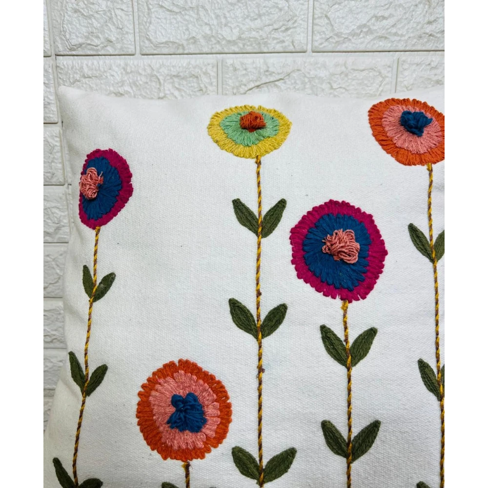 Indihomecraft Handicraft Cotton Cushion Cover - Hand Stitched Embroidery Decorative Art Boho Pillow Flower Shape Hand Made Pillow Cover | Hand Stitch Square Shape 18X18 Inches Cushion Cover, Set of 1