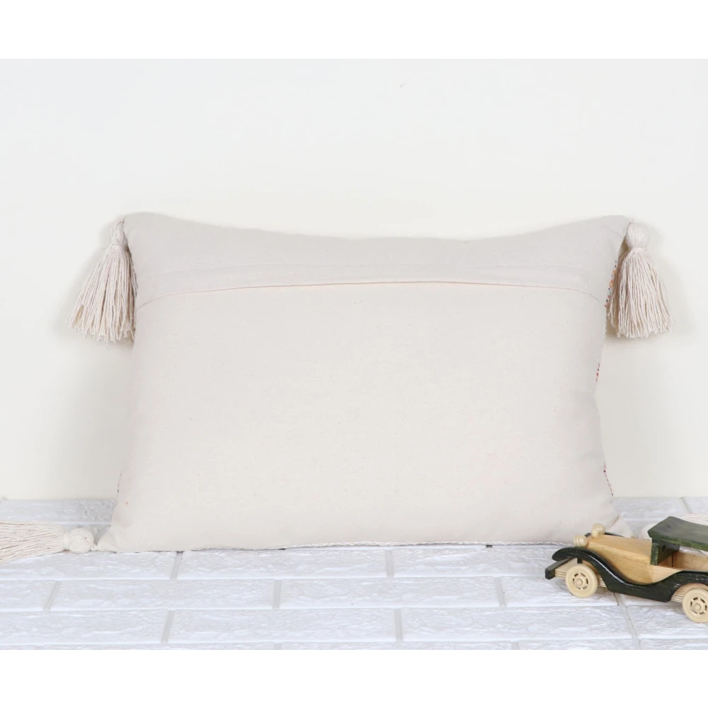 Indihomecraft Hand Stitched Embroidery Cushion Cover | Handmade Off-White and Red Woven Tassel Pillow Cover | Rectangle Shape 14X20 Inches Cushion Cover