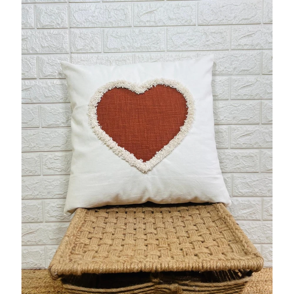 Indihomecraft Handicraft Cotton Cushion Cover - Hand Stitched Embroidery Decorative Art Boho Pillow Heart Shape Hand Made Pillow Cover | Hand Stitch Square Shape 18X18 Inches Cushion Cover, Set of 1