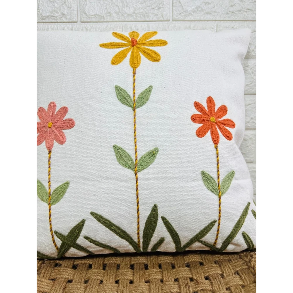 Indihomecraft Handicraft Cotton Cushion Cover - Hand Stitched Embroidery Decorative Art Boho Pillow Flower Printed Pillow Cover | Square Shape 18X18 Inches Cushion Cover, Set of 1