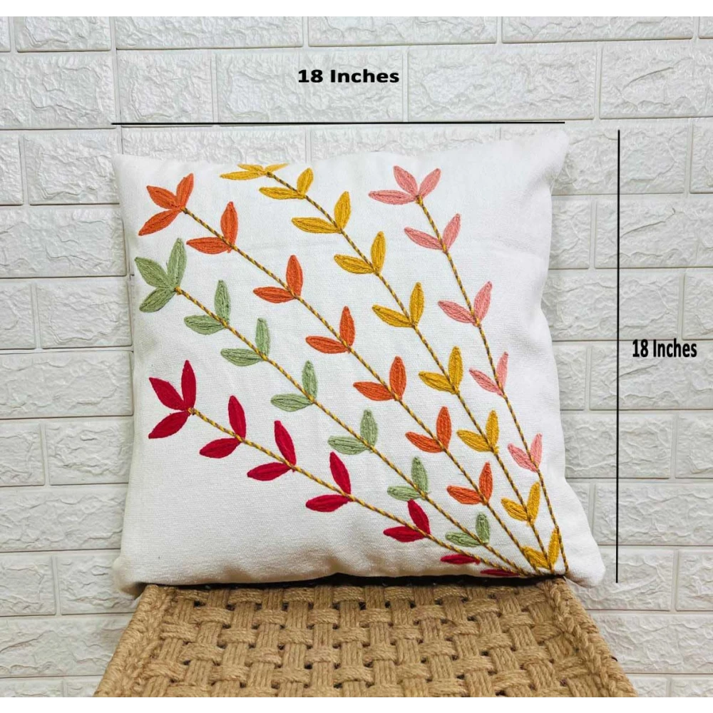 Indihomecraft Handicraft Cotton Cushion Cover - Hand Stitched Embroidery Decorative Art Boho Pillow Flower Leaf Hand Made Pillow Cover | Hand Stitch Square Shape 18X18 Inches Cushion Cover, Set of 1