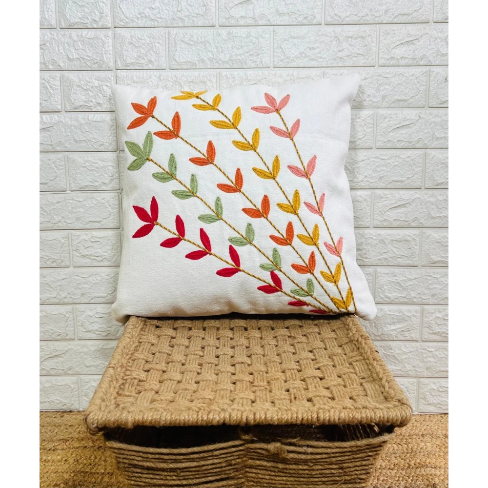 Indihomecraft Handicraft Cotton Cushion Cover - Hand Stitched Embroidery Decorative Art Boho Pillow Flower Leaf Hand Made Pillow Cover | Hand Stitch Square Shape 18X18 Inches Cushion Cover, Set of 1