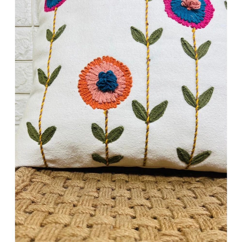 Indihomecraft Handicraft Cotton Cushion Cover - Hand Stitched Embroidery Decorative Art Boho Pillow Flower Shape Hand Made Pillow Cover | Hand Stitch Square Shape 18X18 Inches Cushion Cover, Set of 1