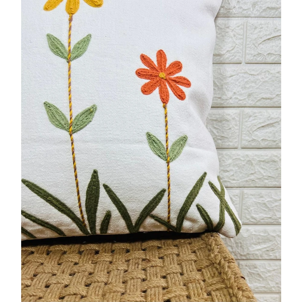 Indihomecraft Handicraft Cotton Cushion Cover - Hand Stitched Embroidery Decorative Art Boho Pillow Flower Printed Pillow Cover | Square Shape 18X18 Inches Cushion Cover, Set of 1
