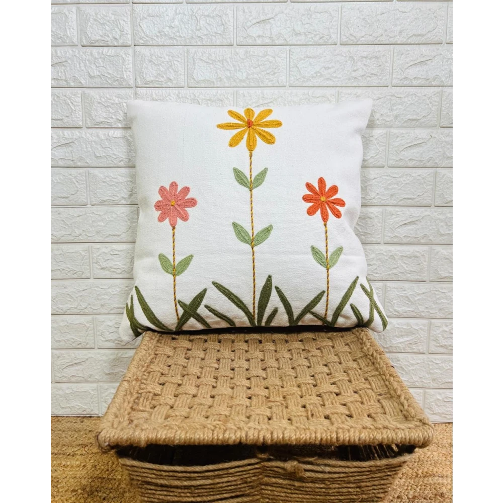 Indihomecraft Handicraft Cotton Cushion Cover - Hand Stitched Embroidery Decorative Art Boho Pillow Flower Printed Pillow Cover | Square Shape 18X18 Inches Cushion Cover, Set of 1