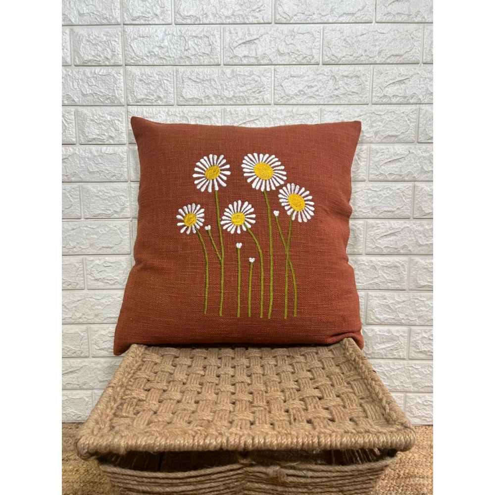 Indihomecraft Brick Red Cushion Cover Hand Woven Flower Emb Inspired Decorative Boho Cushion Cover for Sofa Couch Swing Chair Living Room & Bedroom 18x18 Inches, Pack of 1