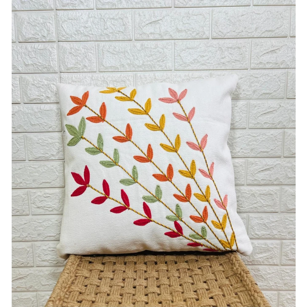 Indihomecraft Handicraft Cotton Cushion Cover - Hand Stitched Embroidery Decorative Art Boho Pillow Flower Leaf Hand Made Pillow Cover | Hand Stitch Square Shape 18X18 Inches Cushion Cover, Set of 1