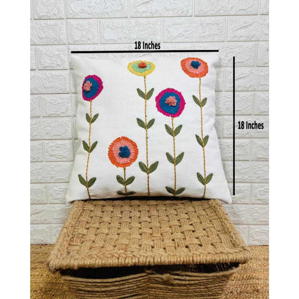 Indihomecraft Handicraft Cotton Cushion Cover - Hand Stitched Embroidery Decorative Art Boho Pillow Flower Shape Hand Made Pillow Cover | Hand Stitch Square Shape 18X18 Inches Cushion Cover, Set of 1