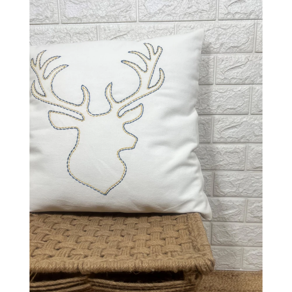 Indihomecraft Handicraft Cotton Cushion Cover - Hand Stitched Embroidery Decorative Art Boho Pillow Dear Animal ShapeHand Made Pillow Cover | Square Shape 18X18 Inches Cushion Cover Set of 1