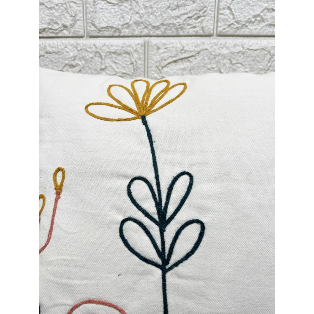 Indihomecraft White and Yellow Tufted Embroidered Cushion Cover Hand Craft Inspired Decorative Boho Cushion Cover for Sofa Couch Swing Chair Living Room & Bedroom 18 x 18 Inches, Pack of 1