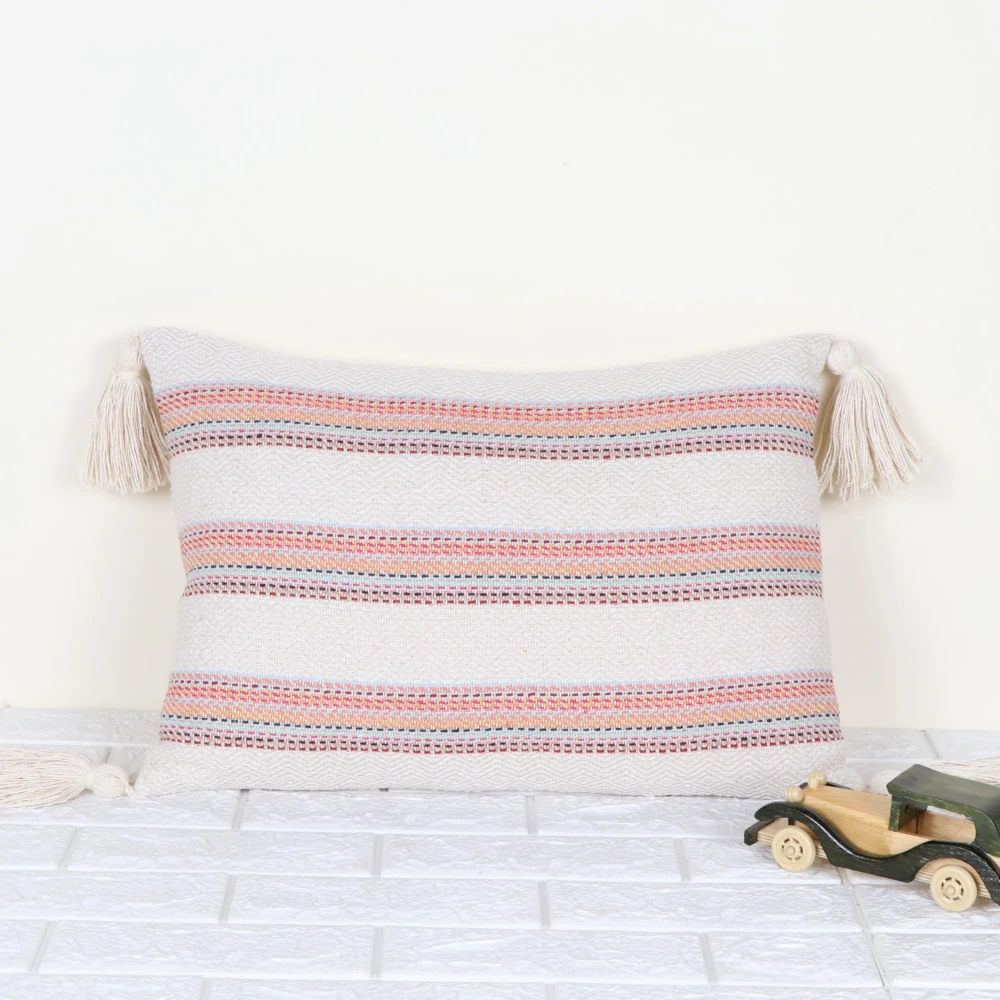 Indihomecraft Hand Stitched Embroidery Cushion Cover | Handmade Off-White and Red Woven Tassel Pillow Cover | Rectangle Shape 14X20 Inches Cushion Cover