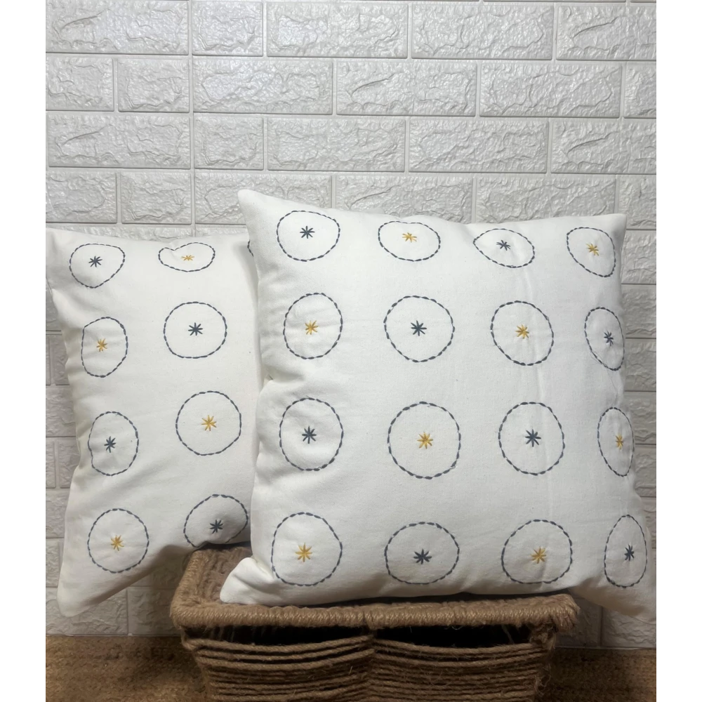 Indihomecraft Handicraft Cotton Cushion Cover - Hand Stitched Embroidery Decorative Art Boho Pillow Boho Round Shape Hand Made Pillow Cover | Square Shape 18X18 Inches Cushion Cover Set of 2