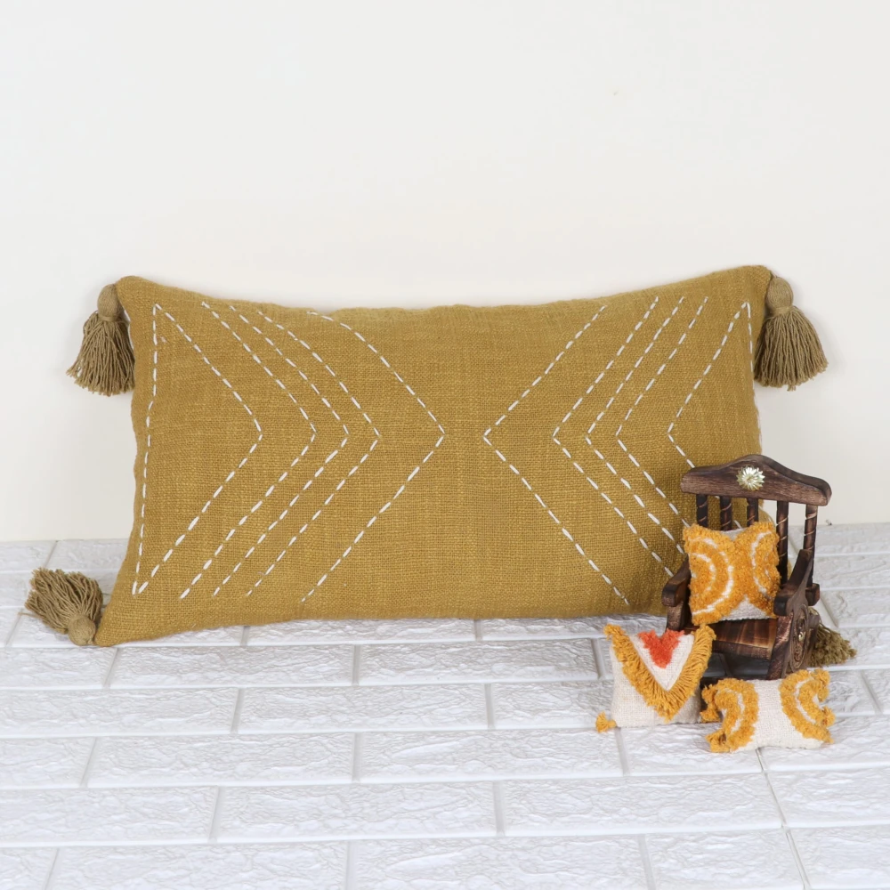 Indihomecraft Handicraft Cotton Cushion Cover - Hand Kantha Embroidery Decorative Art Boho Pillow Block Woven Pillow Cover | Rectangle Shape 14X24 Inches Cushion Cover, Set of 1