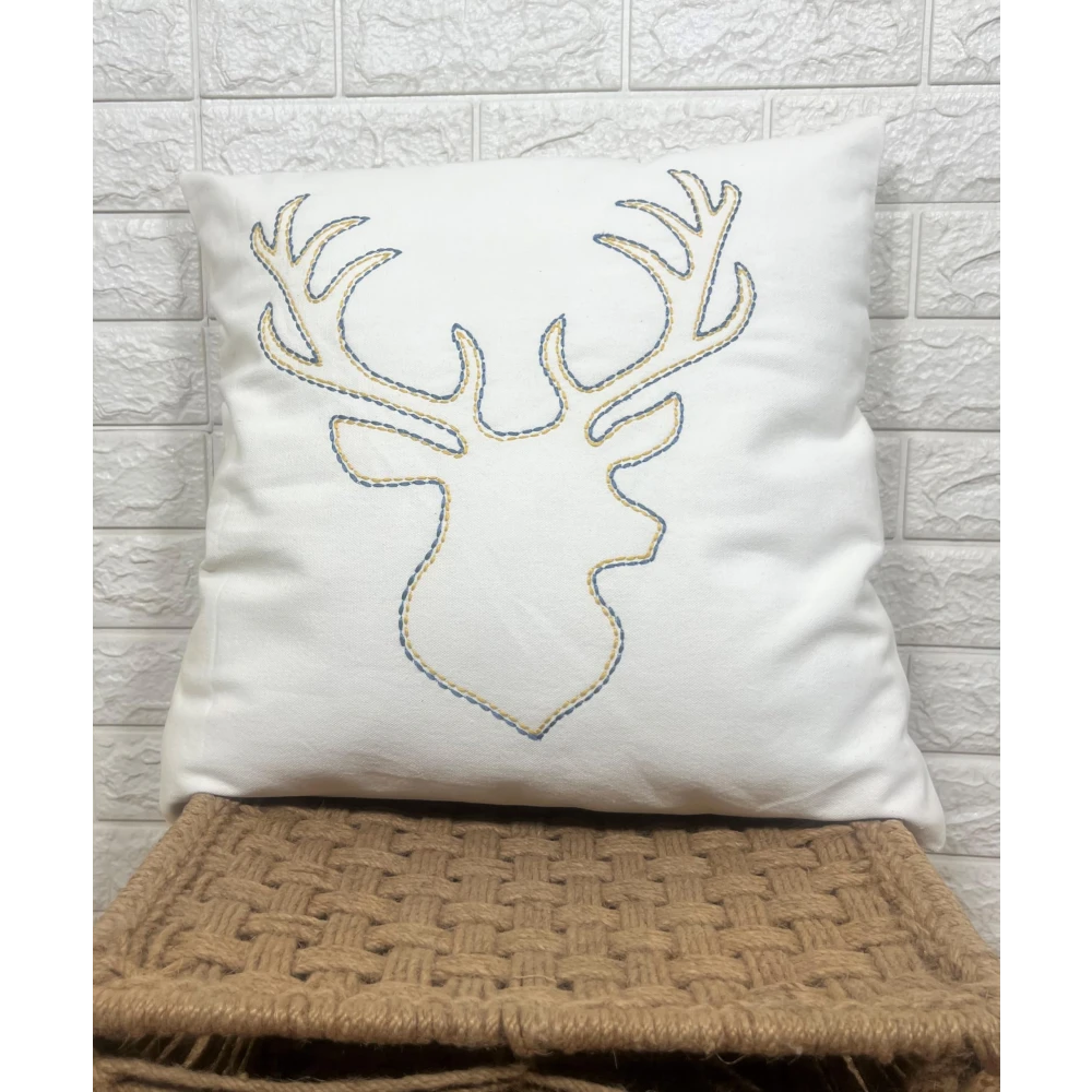 Indihomecraft Handicraft Cotton Cushion Cover - Hand Stitched Embroidery Decorative Art Boho Pillow Dear Animal ShapeHand Made Pillow Cover | Square Shape 18X18 Inches Cushion Cover Set of 1