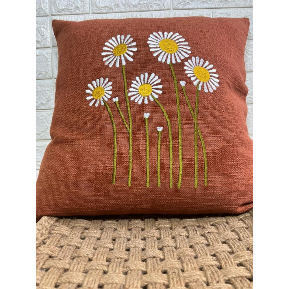 Indihomecraft Brick Red Cushion Cover Hand Woven Flower Emb Inspired Decorative Boho Cushion Cover for Sofa Couch Swing Chair Living Room & Bedroom 18x18 Inches, Pack of 1