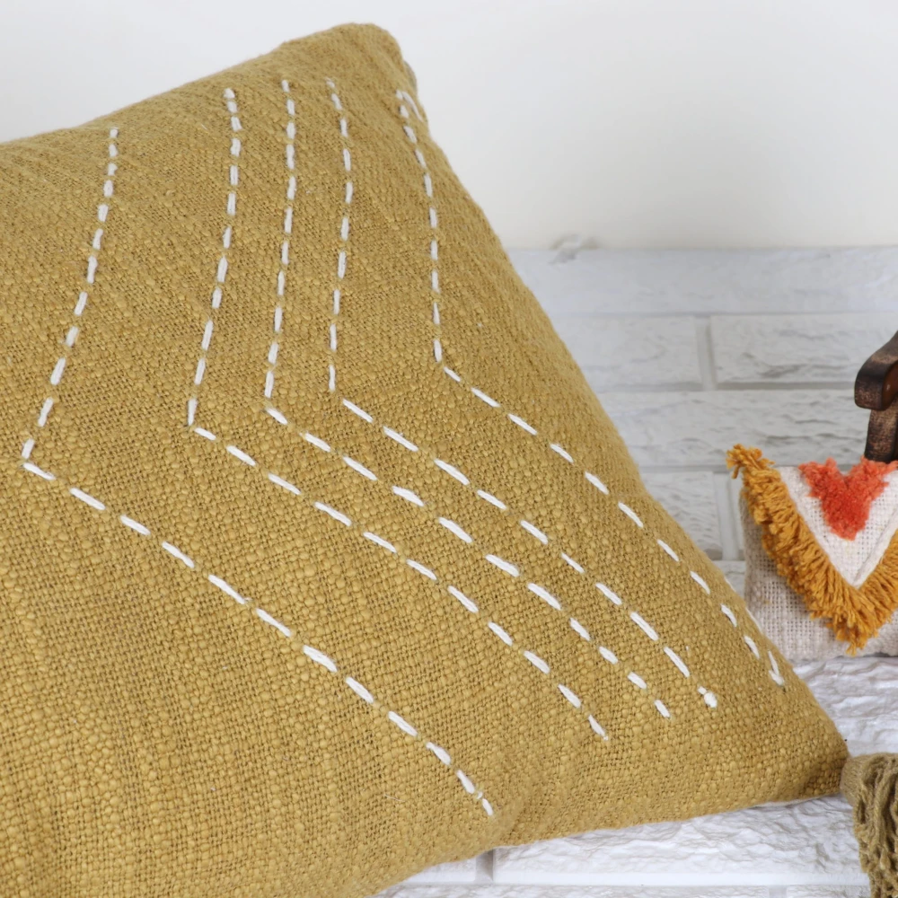Indihomecraft Handicraft Cotton Cushion Cover - Hand Kantha Embroidery Decorative Art Boho Pillow Block Woven Pillow Cover | Rectangle Shape 14X24 Inches Cushion Cover, Set of 1