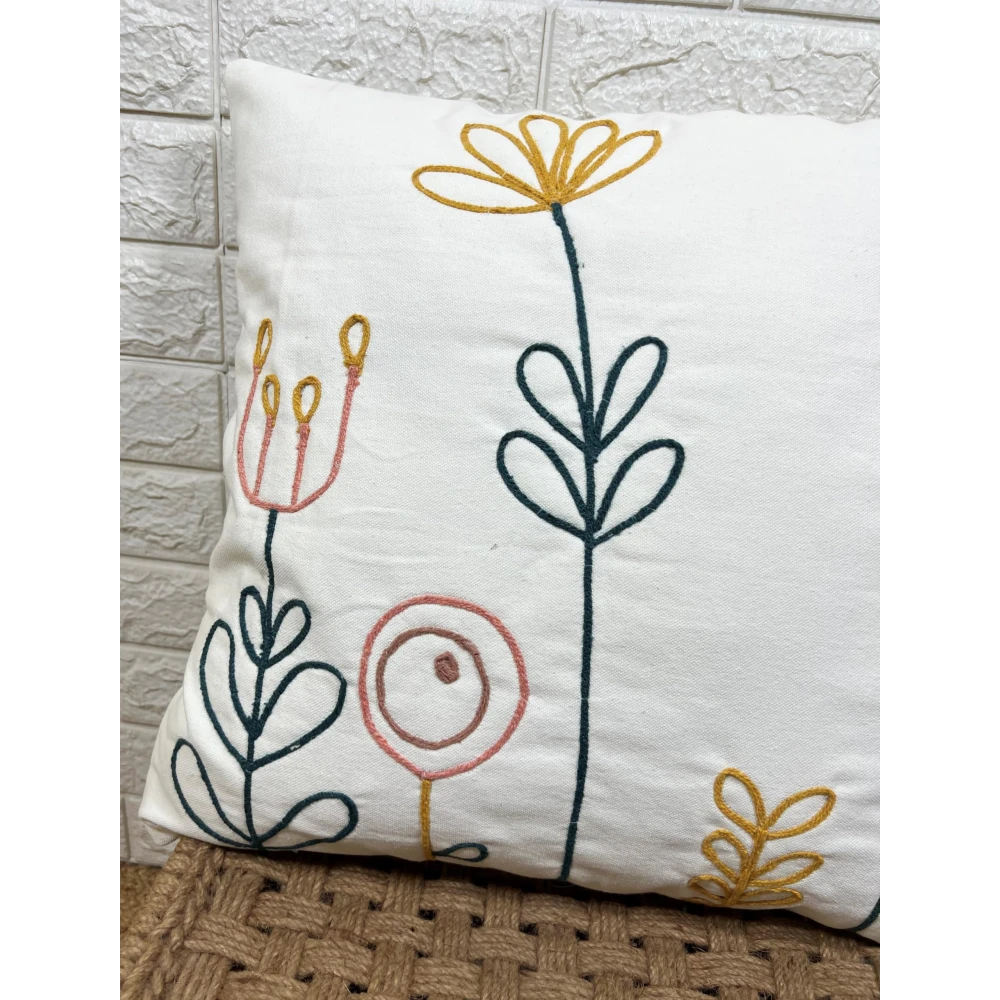 Indihomecraft White and Yellow Tufted Embroidered Cushion Cover Hand Craft Inspired Decorative Boho Cushion Cover for Sofa Couch Swing Chair Living Room & Bedroom 18 x 18 Inches, Pack of 1