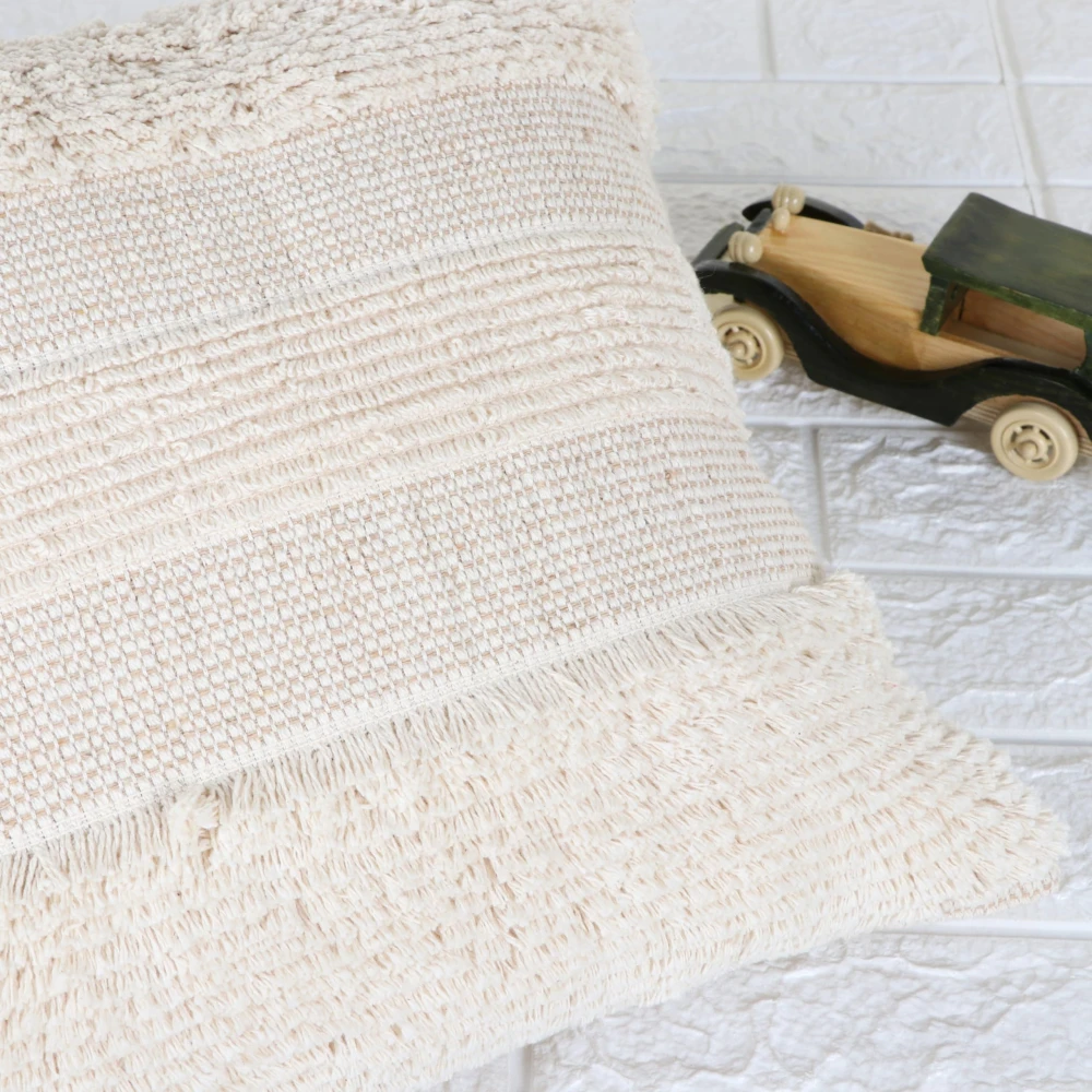 Indihomecraft Handicraft Cotton Cushion Cover | Hand Stitched Embroidery | Decorative Art Boho Pillow | Handmade Beige Woven Embroidery Pillow Cover | Rectangle Shape 14X20 Inches Cushion Cover