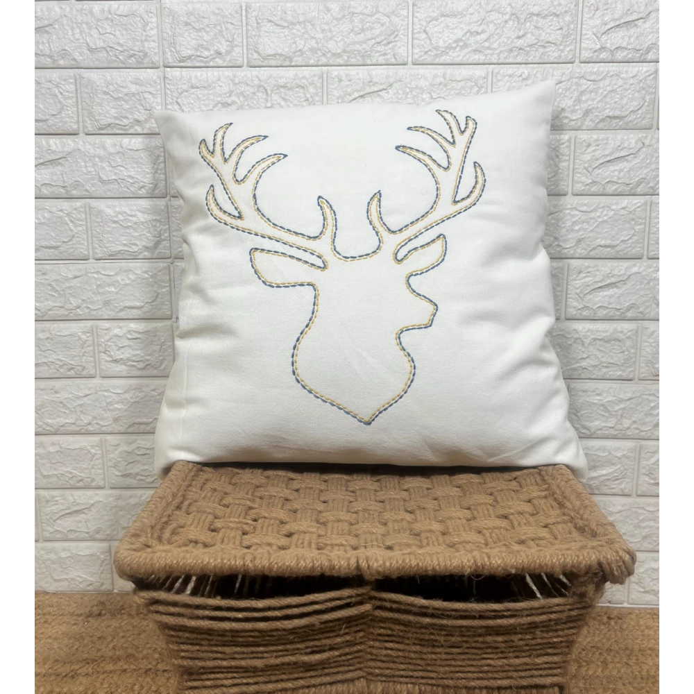 Indihomecraft Handicraft Cotton Cushion Cover - Hand Stitched Embroidery Decorative Art Boho Pillow Dear Animal ShapeHand Made Pillow Cover | Square Shape 18X18 Inches Cushion Cover Set of 1