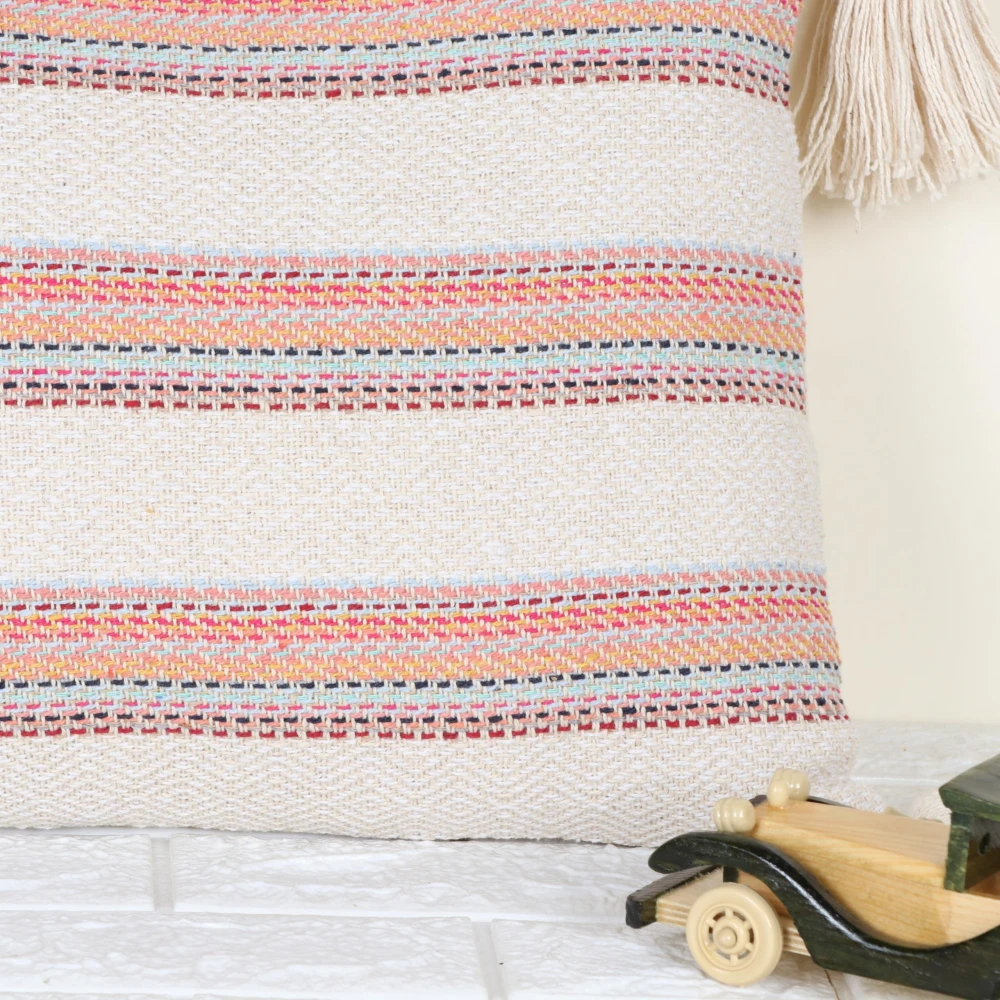 Indihomecraft Hand Stitched Embroidery Cushion Cover | Handmade Off-White and Red Woven Tassel Pillow Cover | Rectangle Shape 14X20 Inches Cushion Cover