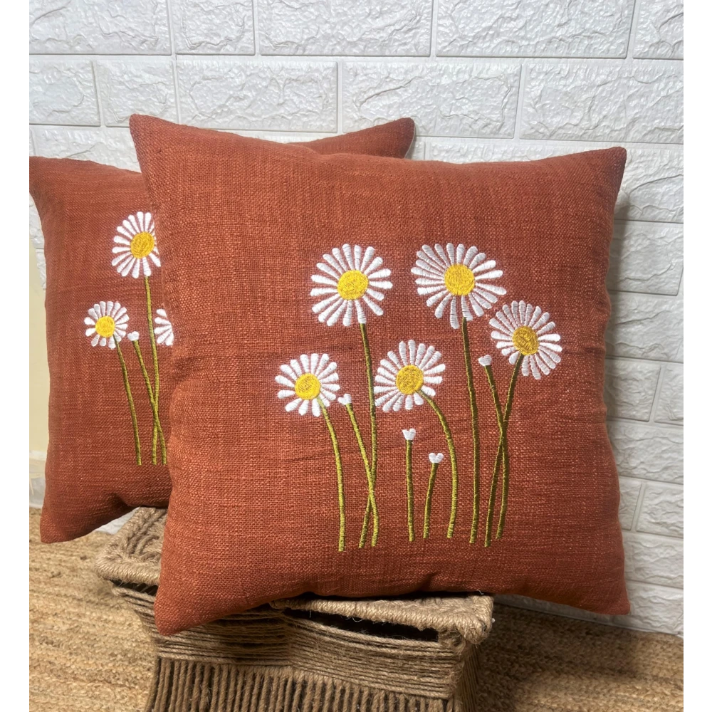 Indihomecraft Handicraft Cotton Cushion Cover - Hand Stitched Embroidery Decorative Boho Pillow Sun Flower Shape Hand Made Pillow Cover | Hand Stitch 18X18 Inches Cushion Cover, Set of 2
