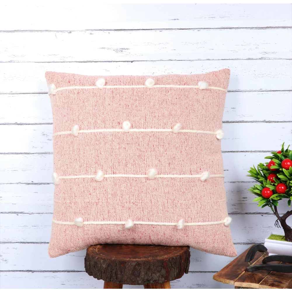 Indihomecraft Handicraft Cotton Cushion Cover | Hand Stitched Embroidery | Pink Decorative Art Boho Pillow | Handmade Woven Pillow Cover | Square Shape 18X18 Inches Cushion Cover