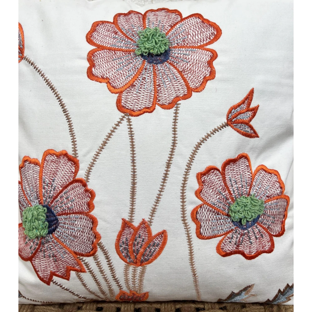 Indihomecraft Orange and White Tufted Embroidered Cushion Cover Hand Craft Inspired Decorative Boho Cushion Cover for Sofa Couch Swing Chair Living Room & Bedroom 18 x 18 Inches, Pack of 2
