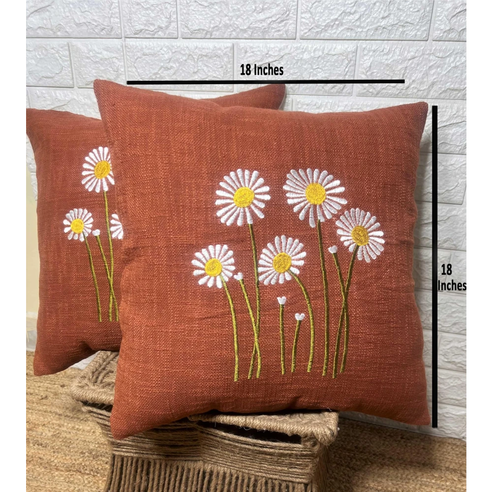 Indihomecraft Handicraft Cotton Cushion Cover - Hand Stitched Embroidery Decorative Boho Pillow Sun Flower Shape Hand Made Pillow Cover | Hand Stitch 18X18 Inches Cushion Cover, Set of 2