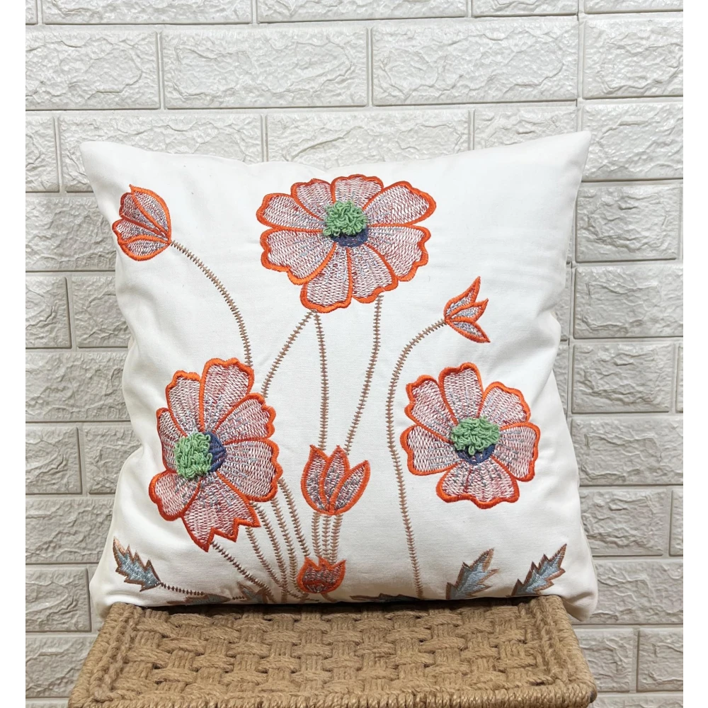 Indihomecraft Orange and White Tufted Embroidered Cushion Cover Hand Craft Inspired Decorative Boho Cushion Cover for Sofa Couch Swing Chair Living Room & Bedroom 18 x 18 Inches, Pack of 2