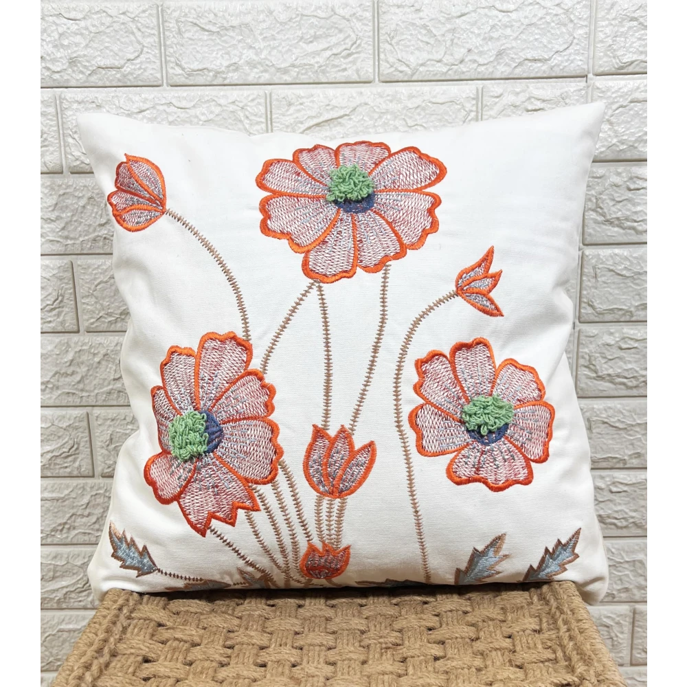 Indihomecraft Orange and White Tufted Embroidered Cushion Cover Hand Craft Inspired Decorative Boho Cushion Cover for Sofa Couch Swing Chair Living Room & Bedroom 18 x 18 Inches, Pack of 2